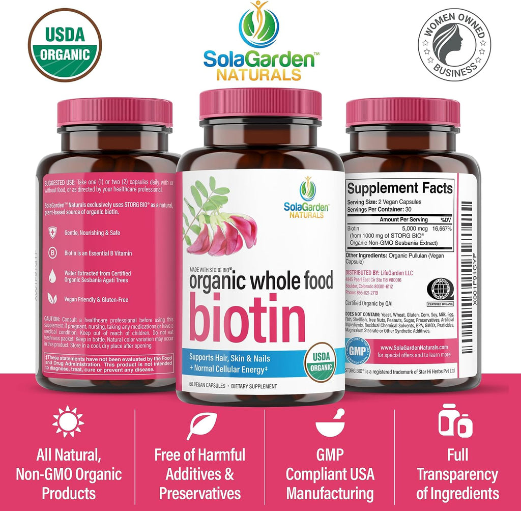 Biotina Orgánica Vegetal 5000 mcg - 60 Cápsulas - SolaGarden Naturals