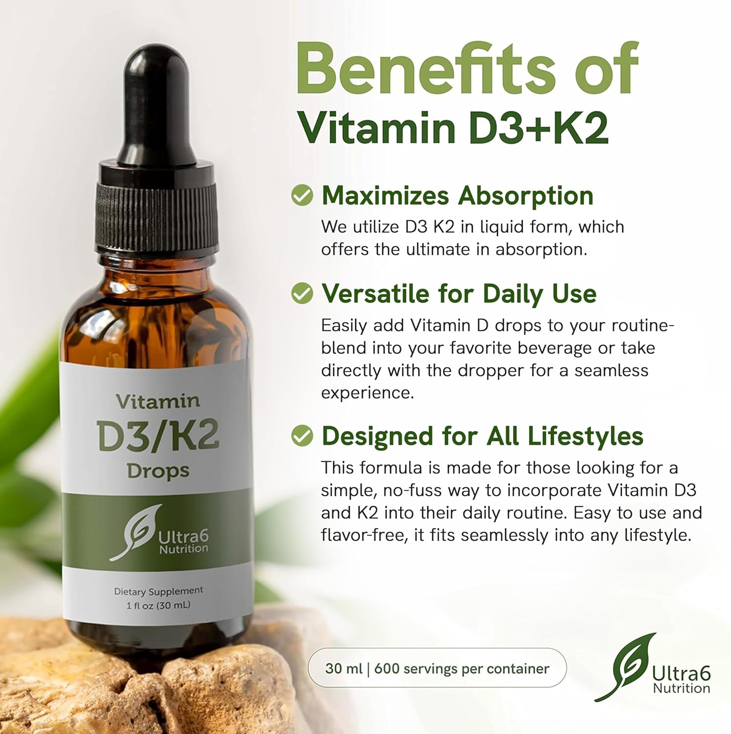 Vitamina D3 y K2 Gotas - Suplemento Líquido de D3 y K2, 30 ml