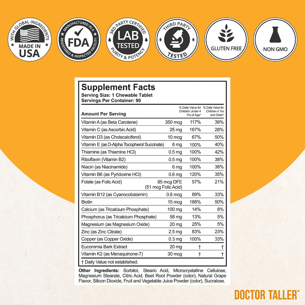Doctor Taller Kids - Multivitamínico infantil con calcio, 90 comprimidos masticables sabor uva