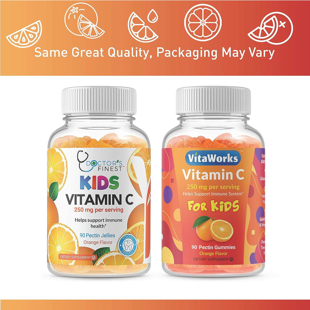 Doctors Finest Gomitas de Vitamina C para Niños – Veganas, Sin OGM y Sin Gluten – Sabor Naranja – 90 Gomitas (45 Dosis)