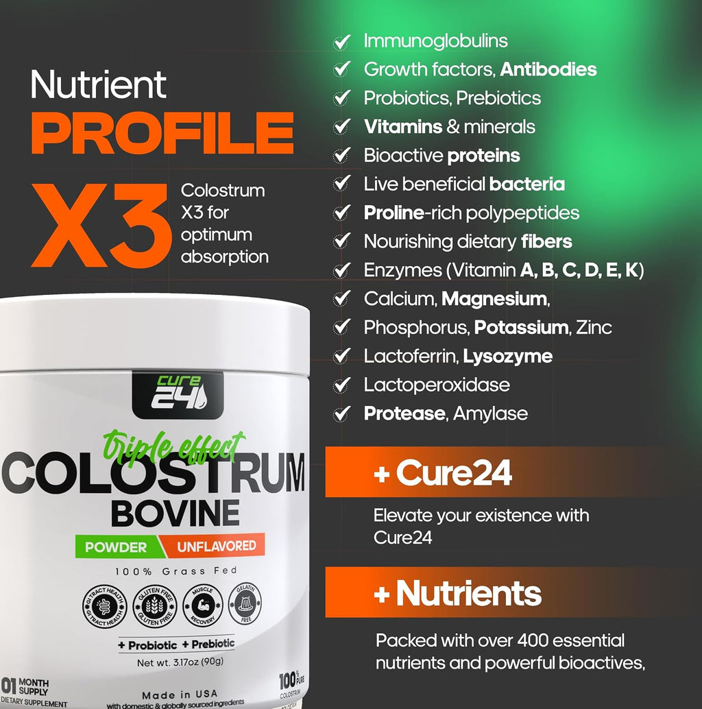 Cure24 Calostro Bovino X3 en Polvo para Humanos, 100% Puro Natural de Pasto, Alto en IgG, con Probiótico y Prebiótico, Sin Sabor, Fabricado en EE.UU.