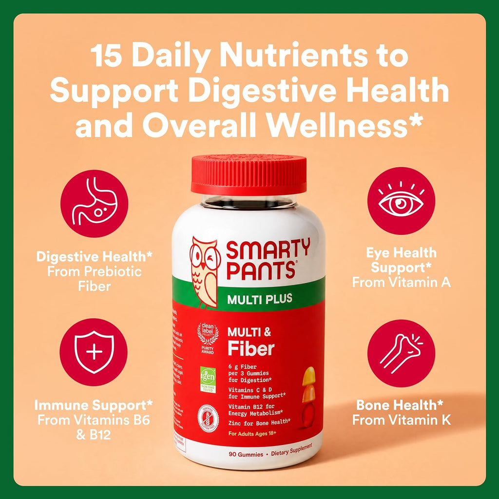 SmartyPants Plus Multi & Fiber Multivitamínico en Gominolas para Hombres y Mujeres con Fibra Prebiótica, Omega 3 DHA/EPA, Vitaminas D3, C, B12, B6, A, K, Zinc, Clean Label, Tres Sabores de Frutas, 90 unidades (Ración para 30 días)