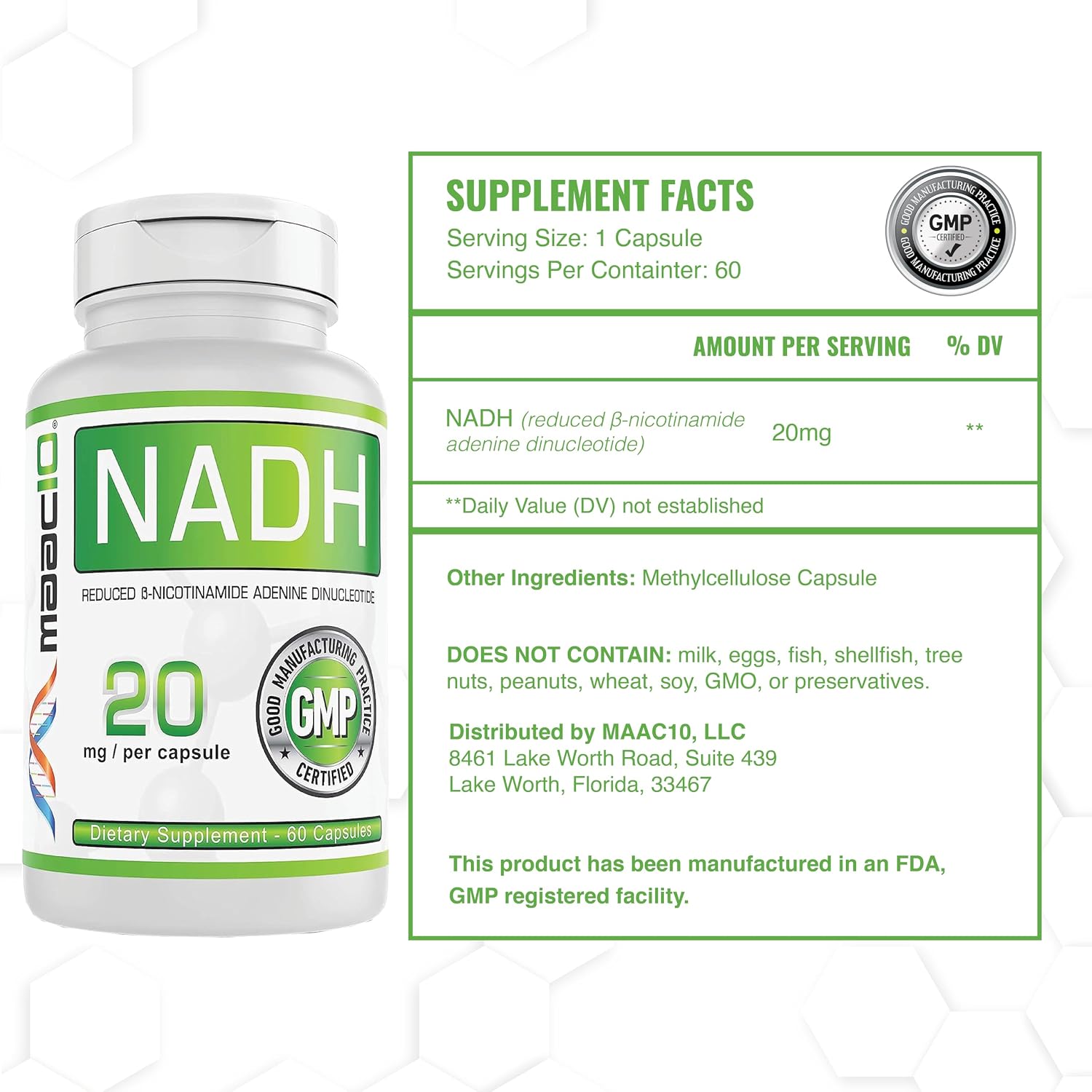 MAAC10 NADH 20 mg, 60 Cápsulas – Energía y Longevidad
