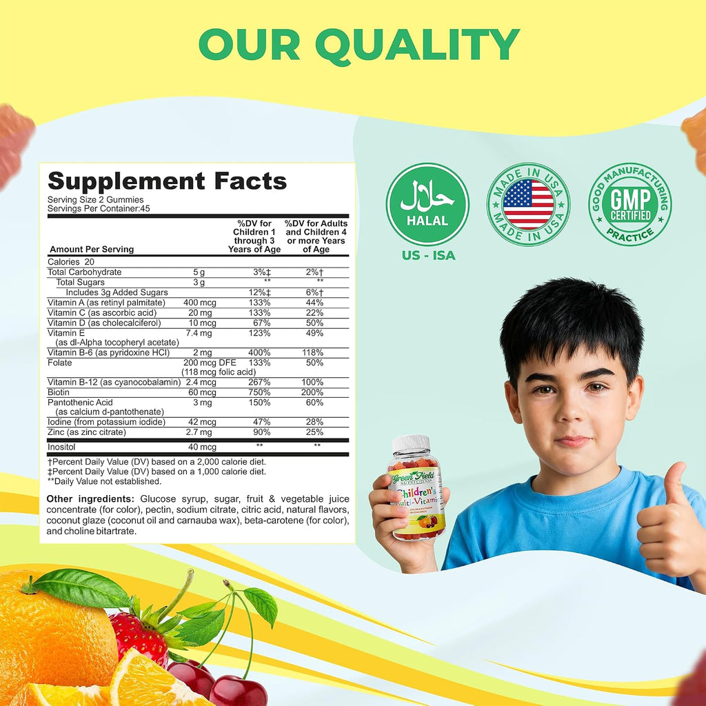 Greenfield Nutritions Multivitamínico Halal para Niños - Gominolas sin Gelatina con Vitaminas A, B, C, D, Yodo y Zinc - 90 Unidades