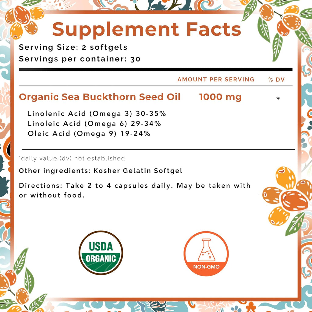 SEABUCKWONDERS Aceite de Semilla de Espino Amarillo Orgánico - Omega 3-6-9, 120 Cápsulas Blandas