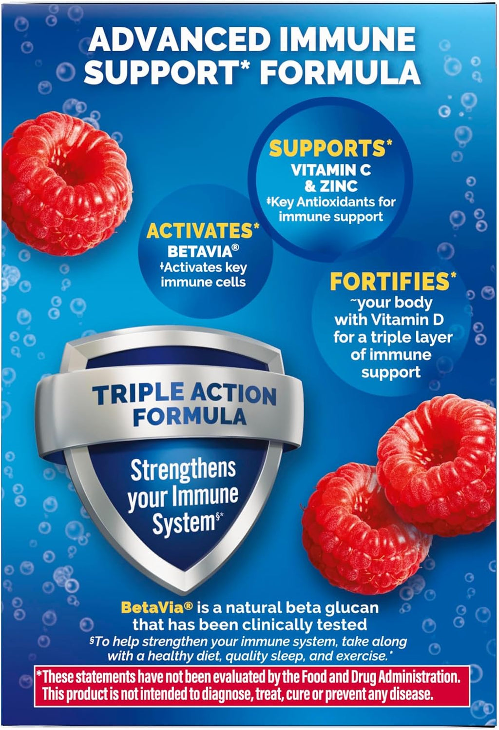 Emergen-C Immune+ Triple Action Polvo para Sistema Inmune, BetaVia, 1000mg Vitamina C, Vitaminas B, Vitamina D, Zinc y Antioxidantes, Frambuesa – 30 Sobres