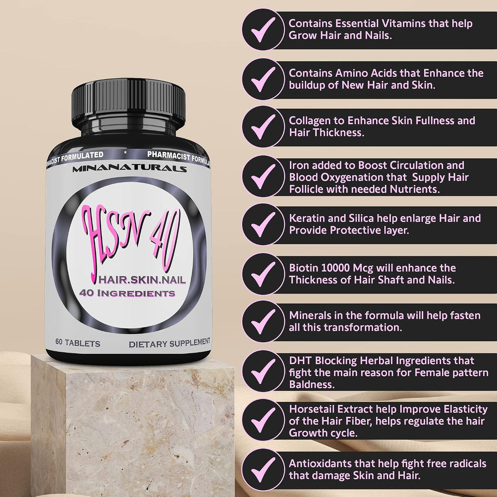 HSN 40 Hair Skin and Nails - 40 Ingredientes con Biotina 10000 mcg, Queratina y Colágeno