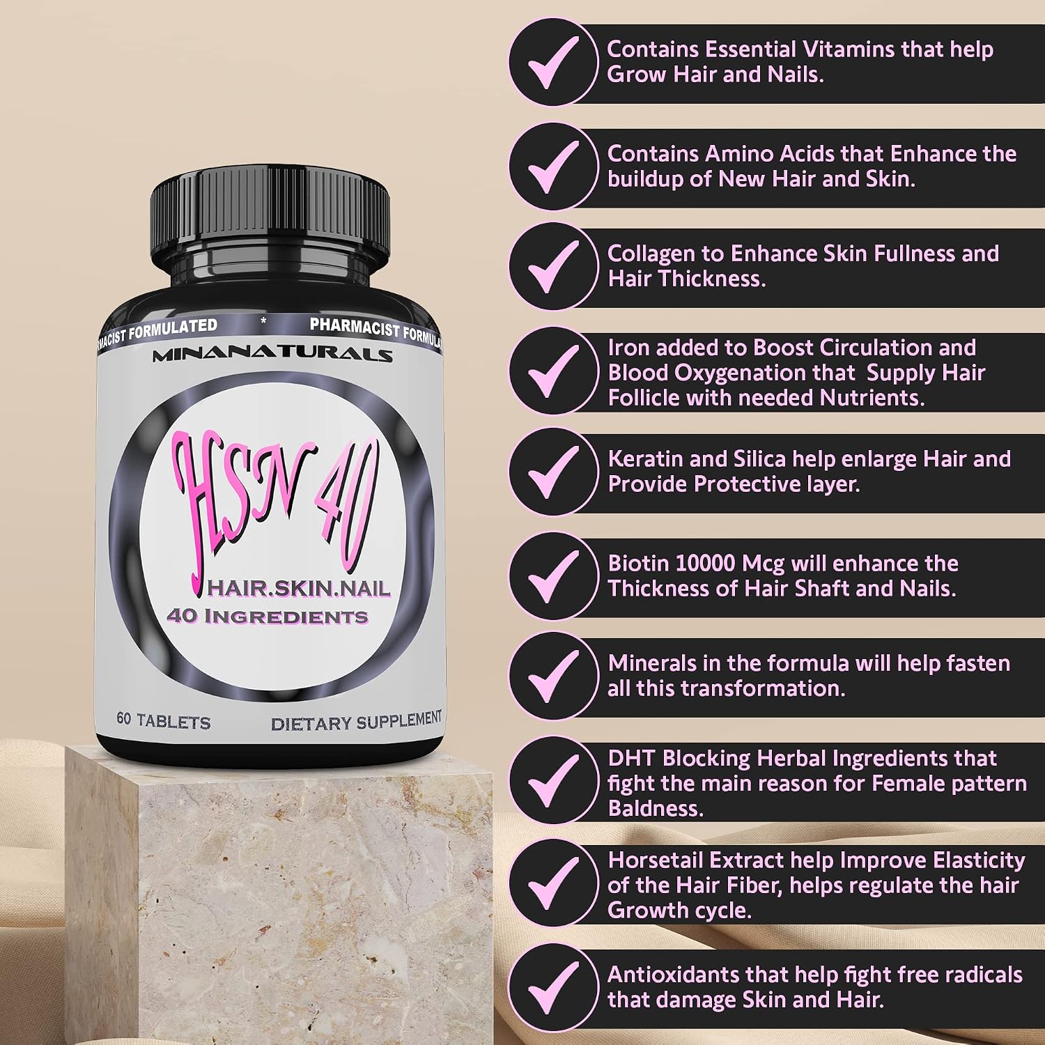 HSN 40 Hair Skin and Nails - 40 Ingredientes con Biotina 10000 mcg, Queratina y Colágeno