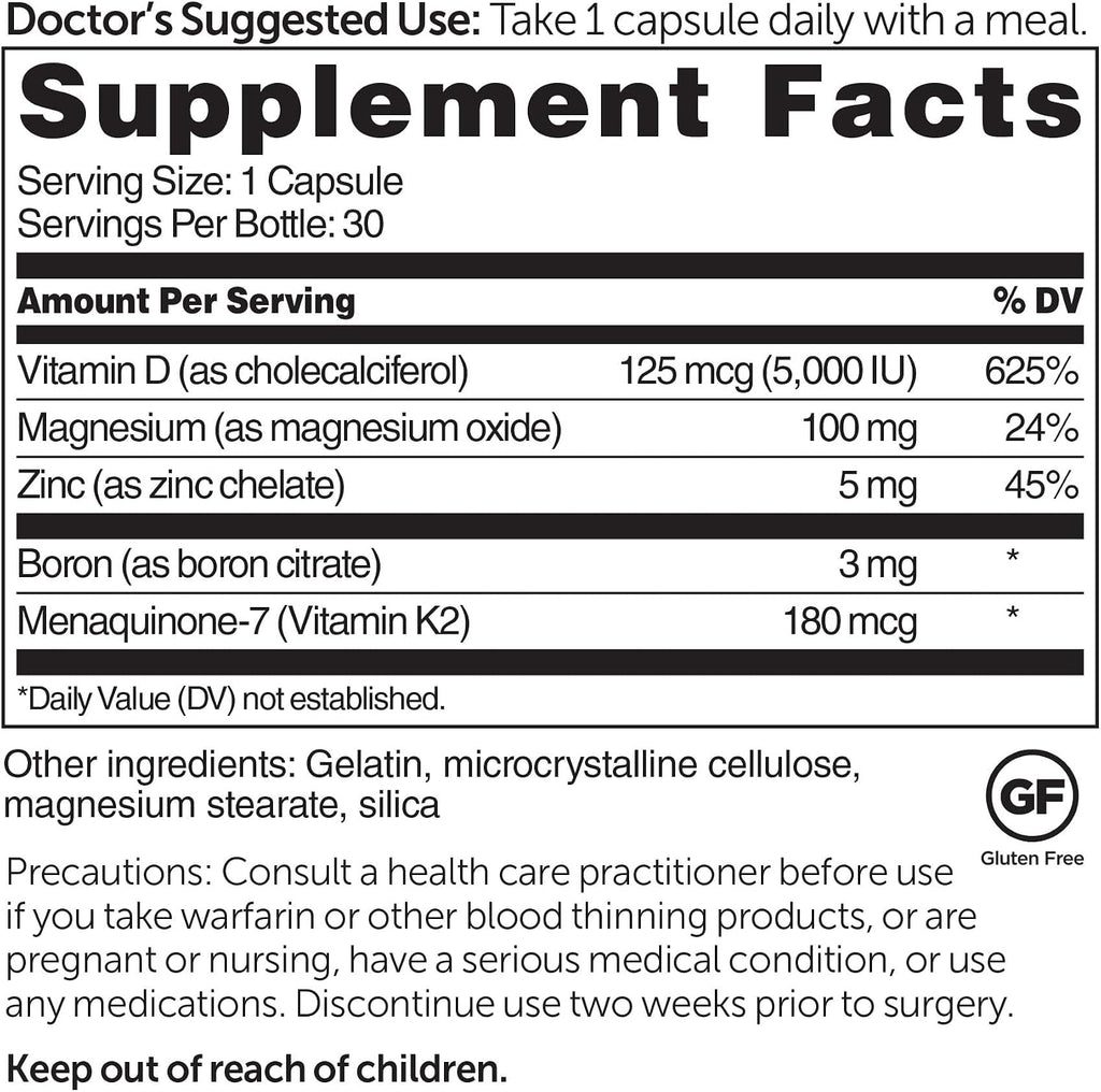 Dr. Whitaker's BeyonD3 - Vitamina D3 5000 UI con K2, Magnesio, Zinc y Boro - 30 Cápsulas