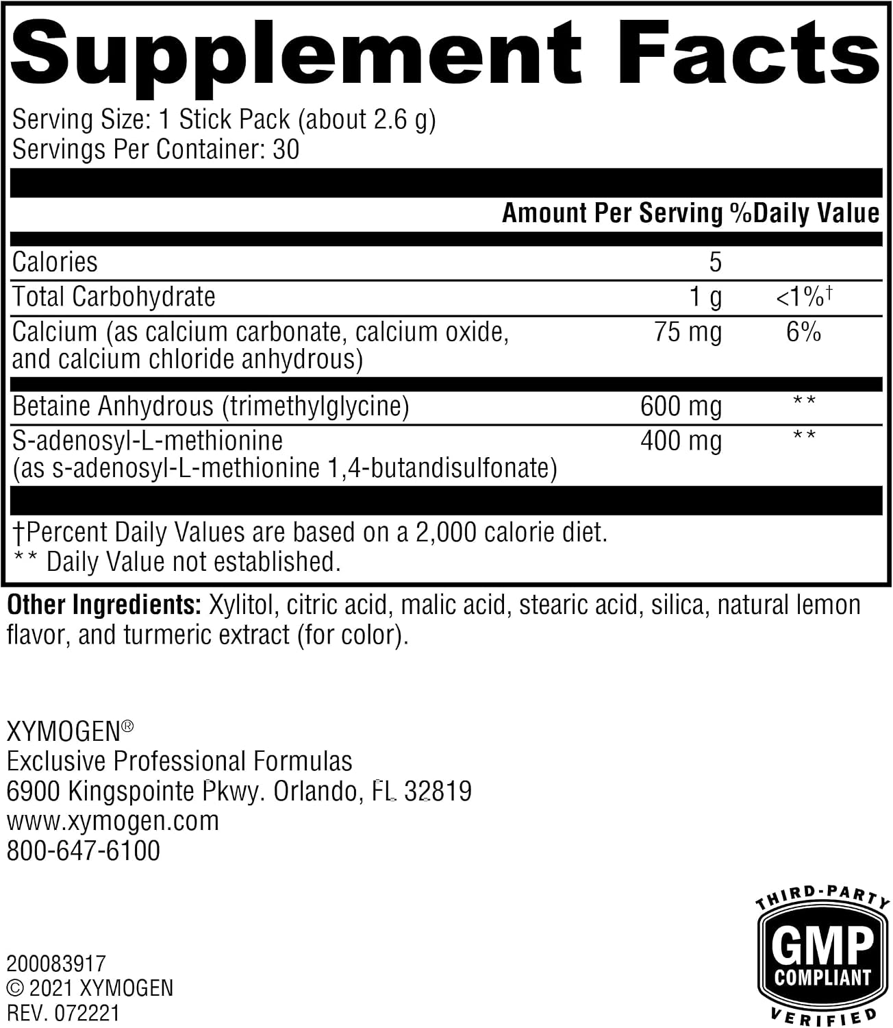 XYMOGEN SAM-e y TMG - 400 mg SAM-e y 600 mg TMG - Apoyo a la metilación - 30 dosis