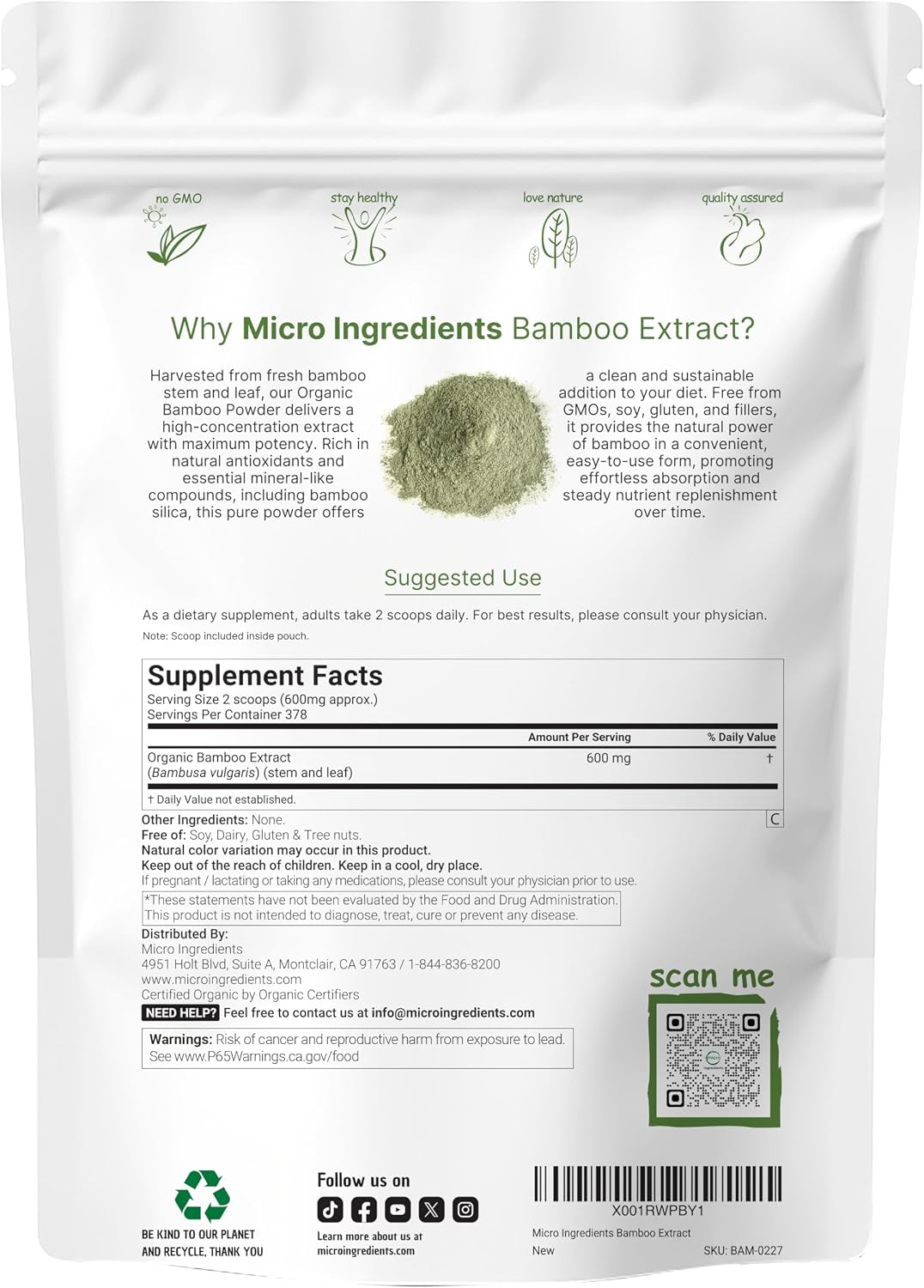 Micro Ingredients Extracto Orgánico de Bambú en Polvo, 227g (378 Raciones) | Suplemento de Silicio Vegetal