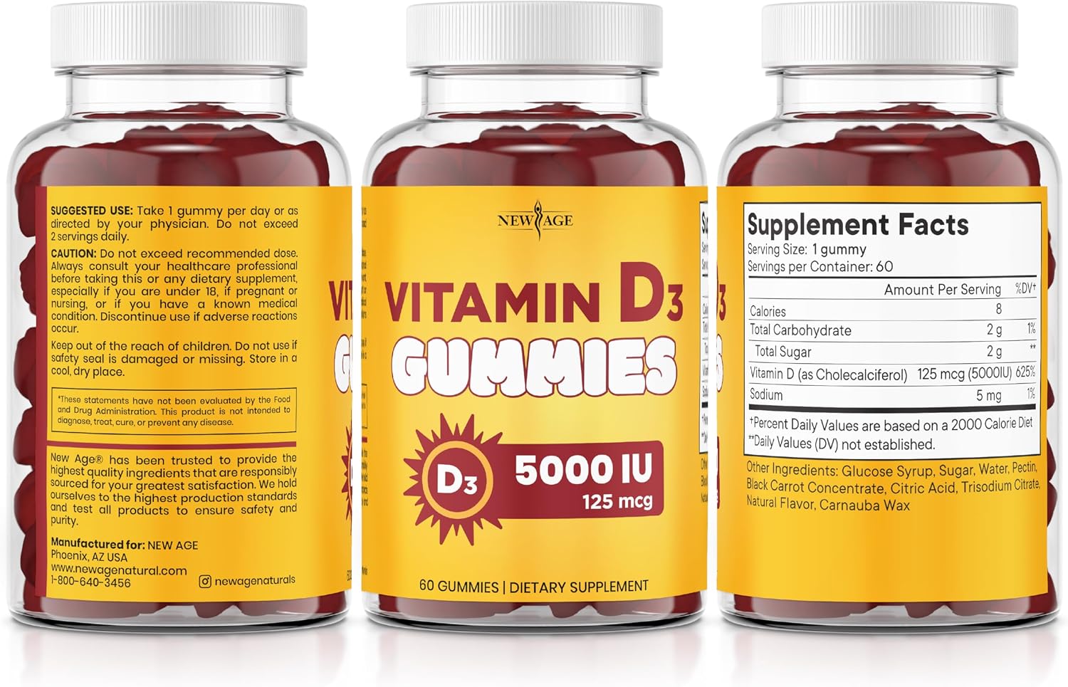 NEW AGE Vitamin D3 5000 IU Gummies - 120 Gominolas (Pack de 2)