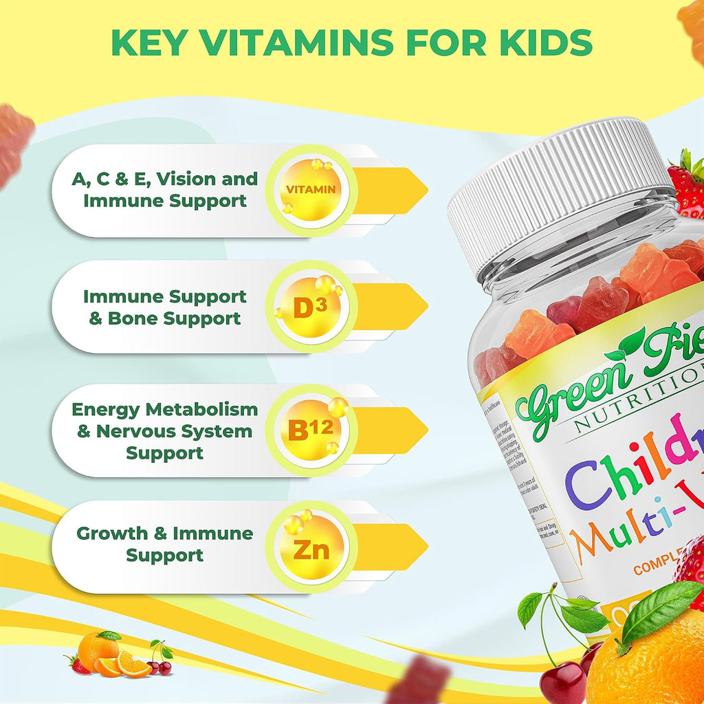 Greenfield Nutritions Multivitamínico Halal para Niños - Gominolas sin Gelatina con Vitaminas A, B, C, D, Yodo y Zinc - 90 Unidades