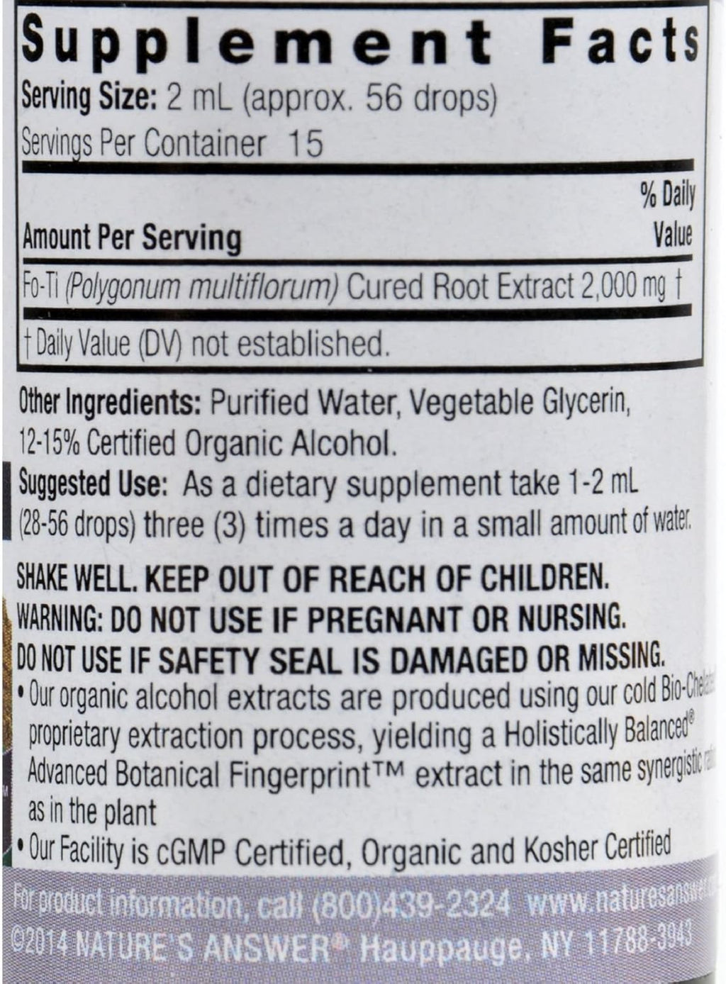 Nature's Answer Raíz de Fo-Ti con Alcohol Orgánico - 30 ml