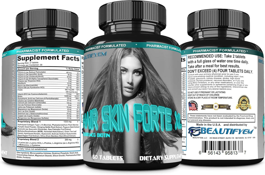 Hair Skin Forte XL - Complejo de Crecimiento para Cabello y Piel con 10.000 mcg de Biotina + Péptidos de Colágeno, 60 Comprimidos