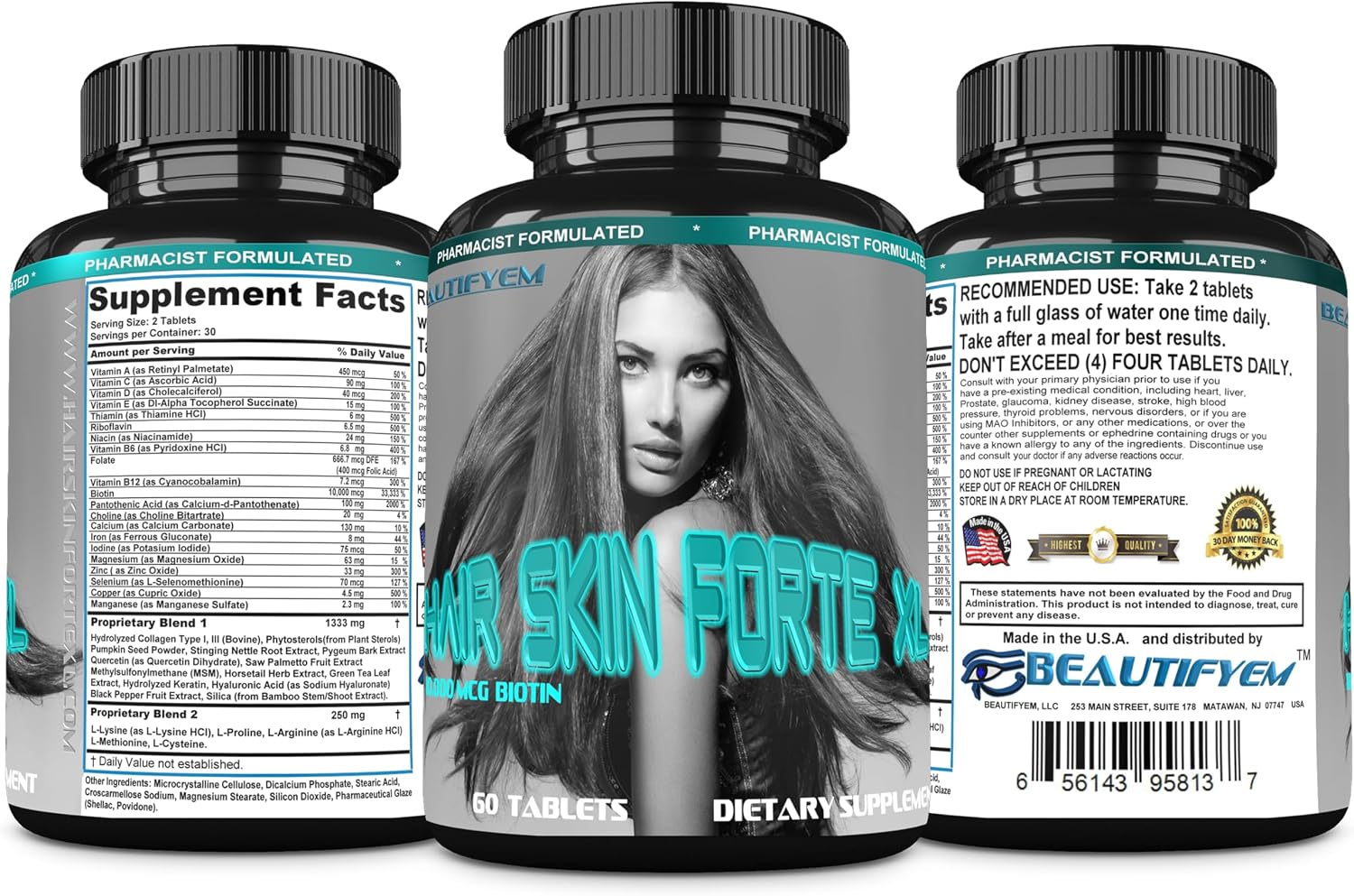 Hair Skin Forte XL - Complejo de Crecimiento para Cabello y Piel con 10.000 mcg de Biotina + Péptidos de Colágeno, 60 Comprimidos