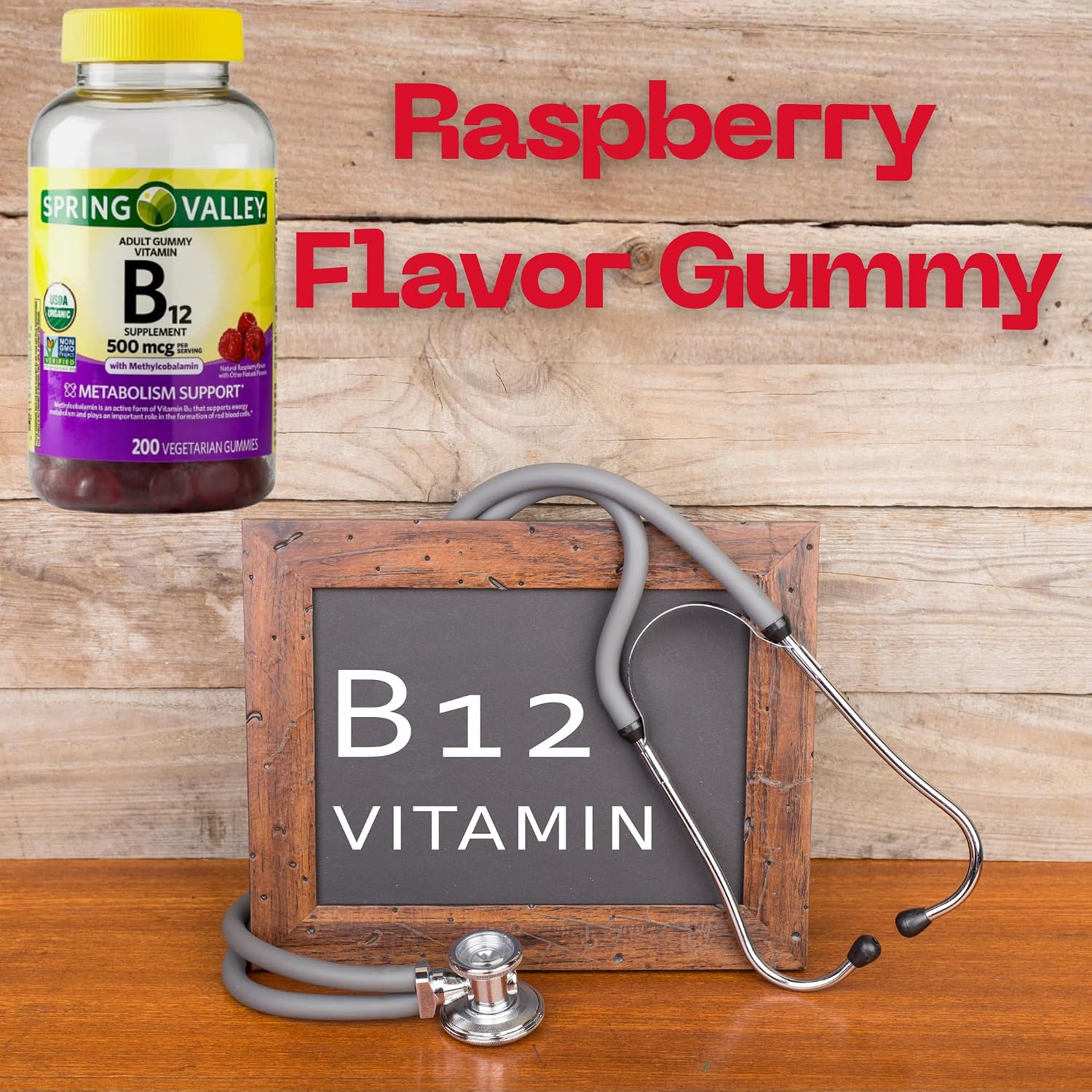 Spring Valley Vitamina B12 500 mcg Gominolas Sabor Frambuesa - 200 unidades