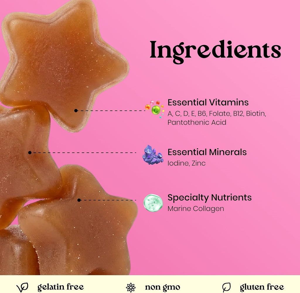 VITA GLOBE Hair, Skin & Nails + Collagen Gummies – 20mg con Vitaminas A, C, D, E, B6 y Biotina, Suplemento de Belleza y Bienestar para el Cabello, Piel y Uñas, 60 Gominolas (Envase de 1)