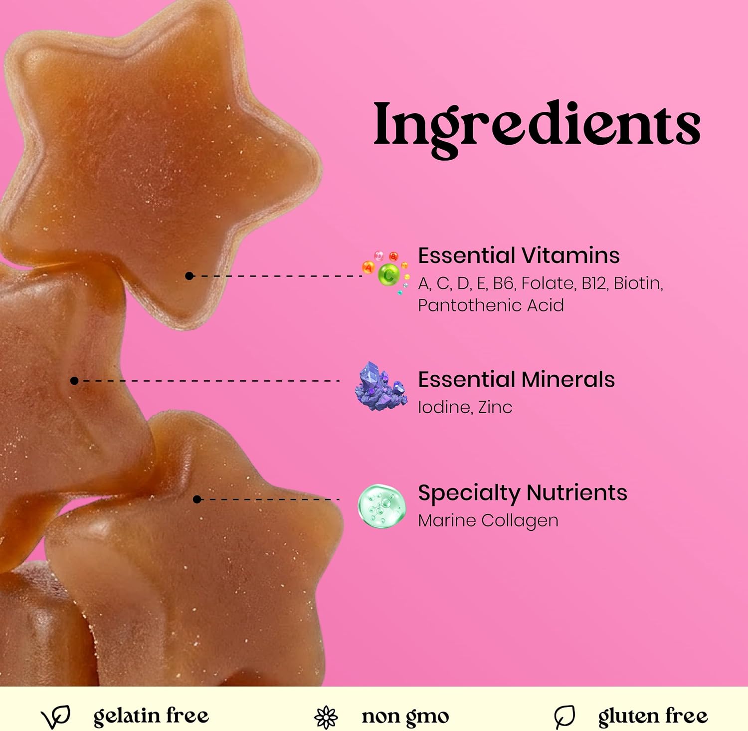 VITA GLOBE Hair, Skin & Nails + Collagen Gummies – 20mg con Vitaminas A, C, D, E, B6 y Biotina, Suplemento de Belleza y Bienestar para el Cabello, Piel y Uñas, 60 Gominolas (Envase de 1)