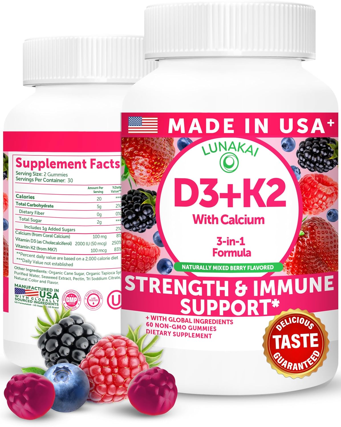 Lunakai Gummies de Vitamina D3 y K2 con Calcio – Suplemento Vegano Diario 3 en 1 para Huesos e Inmunidad, 60 gominolas