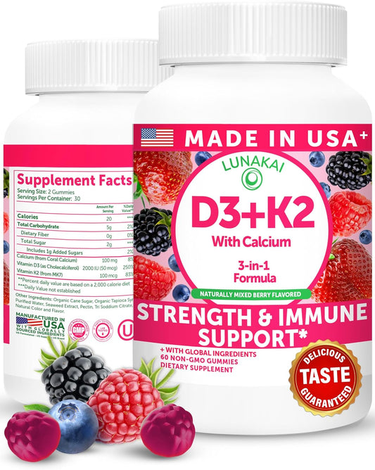 Lunakai Gummies de Vitamina D3 y K2 con Calcio – Suplemento Vegano Diario 3 en 1 para Huesos e Inmunidad, 60 gominolas