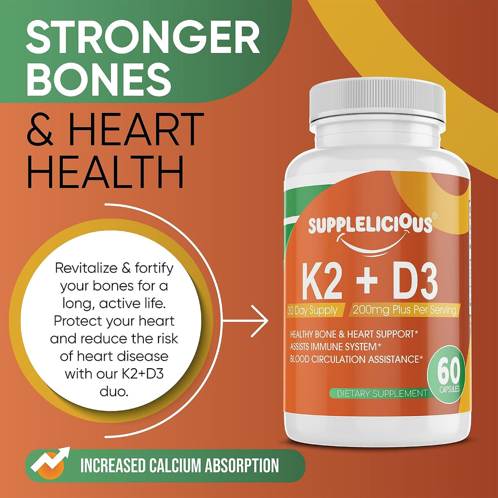 Supplelicious K2 + D3 con Calcio – 200mg por porción – 60 Cápsulas