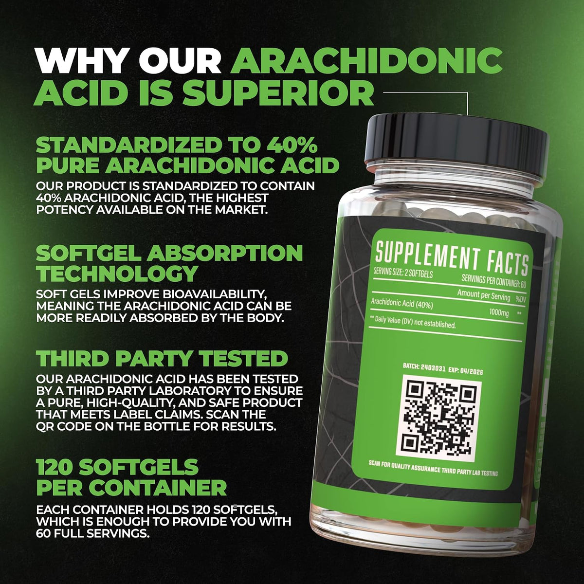 Arachidone, Ácido Araquidónico 1500 mg, 120 – Favorecer la mejora de la fuerza y la potencia muscular. – Image 2