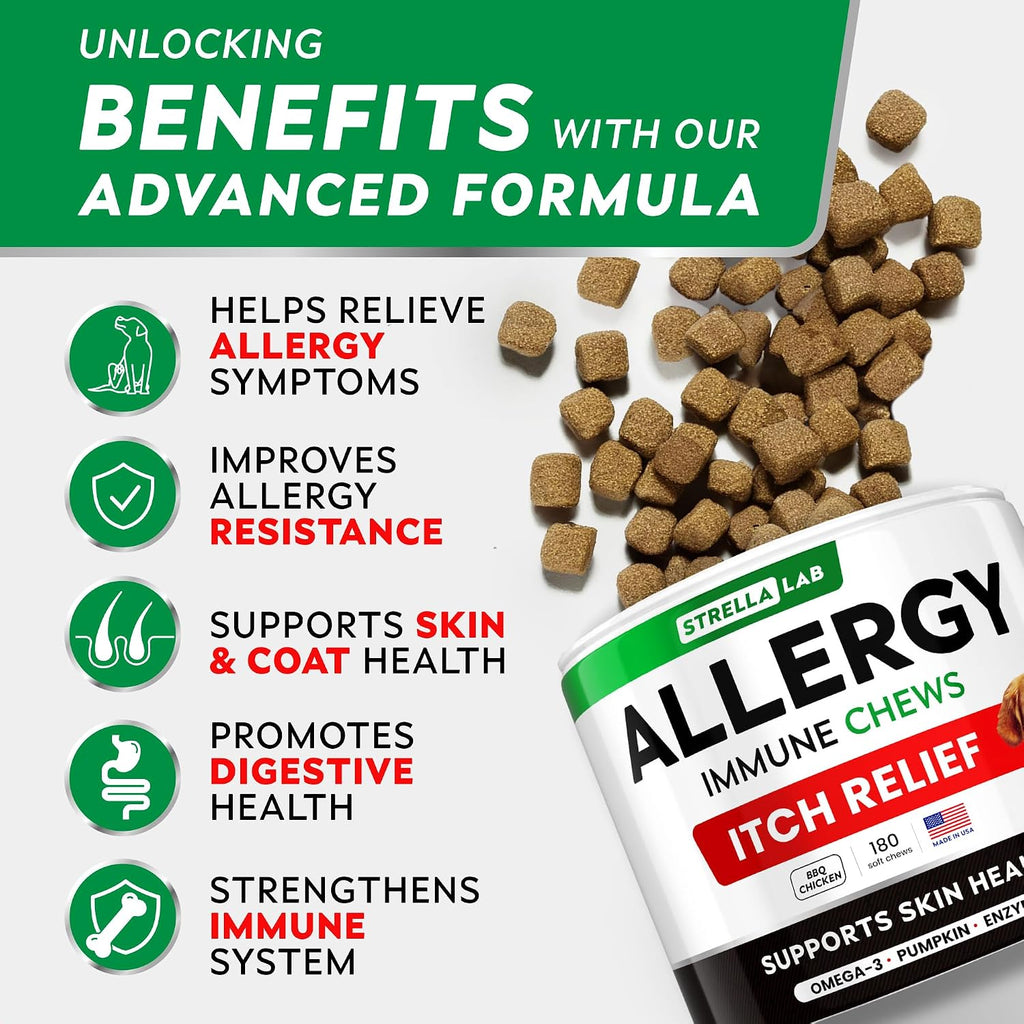 STRELLALAB Masticables para Alivio de Alergias y Picor en Perros con Omega 3: Apoyo para Piel y Pelaje con Aceite de Pescado, Calabaza y Enzimas para Perros y Gatos — Sabor Pollo BBQ - 180 unidades