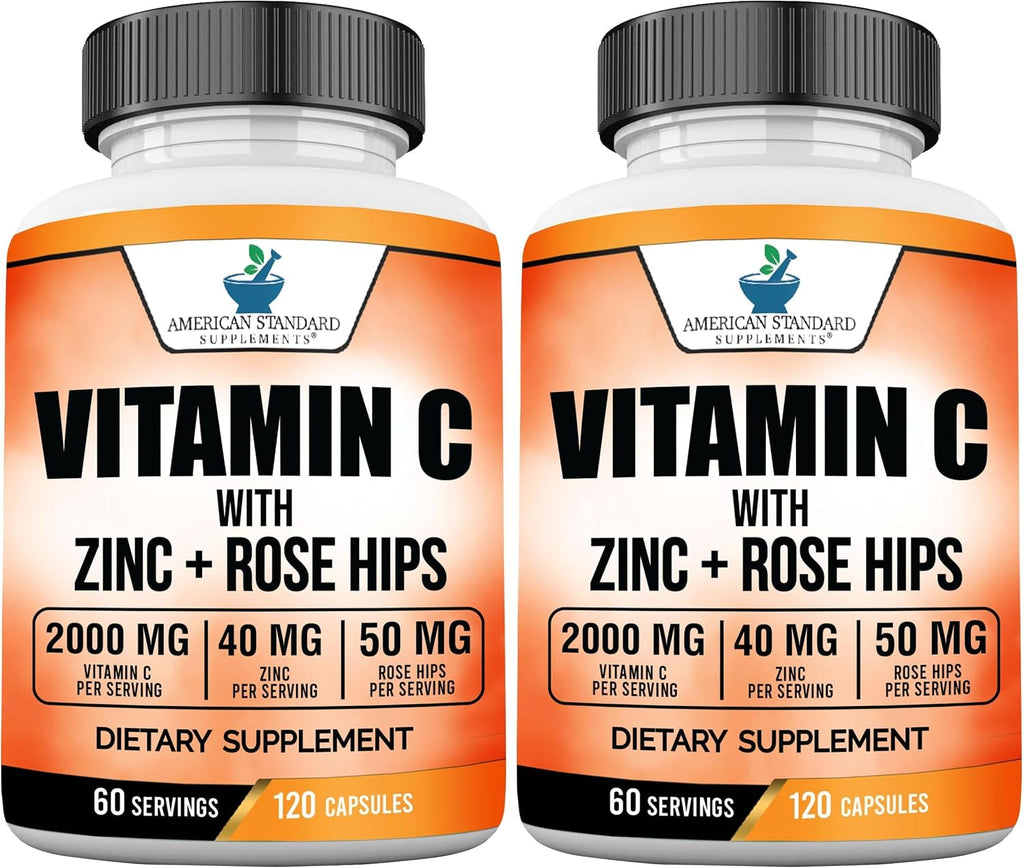 American Standard Supplements Vitamina C 2000mg con Zinc y Escaramujo - 120 Cápsulas
