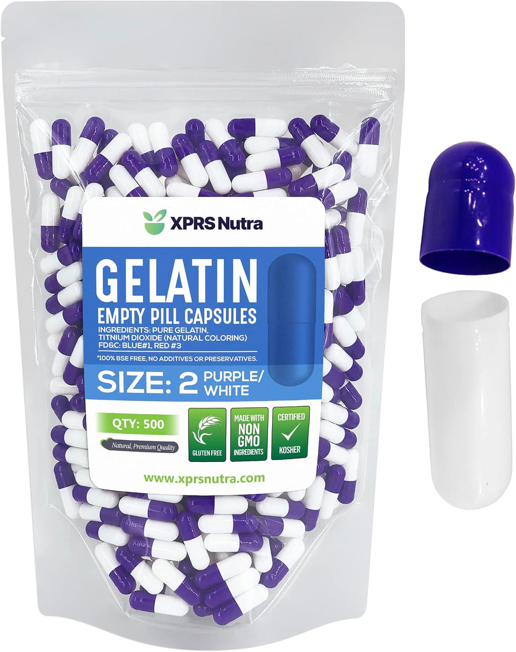 Cápsulas de Gelatina Vacías Tamaño 2 - 500 Unidades - XPRS Nutra (Púrpura/Blanco)