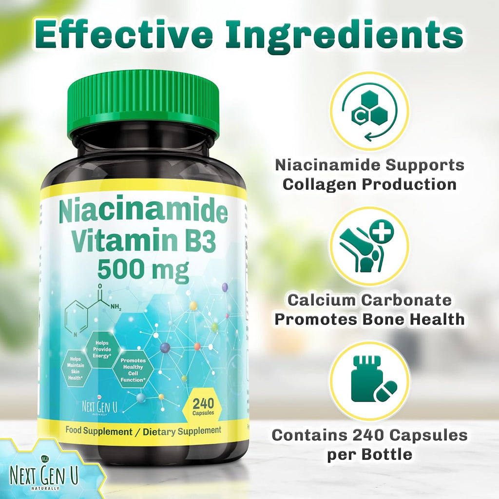 Vitamina B3 (Niacinamida) 500 mg - 240 Cápsulas - NGU Next Gen U