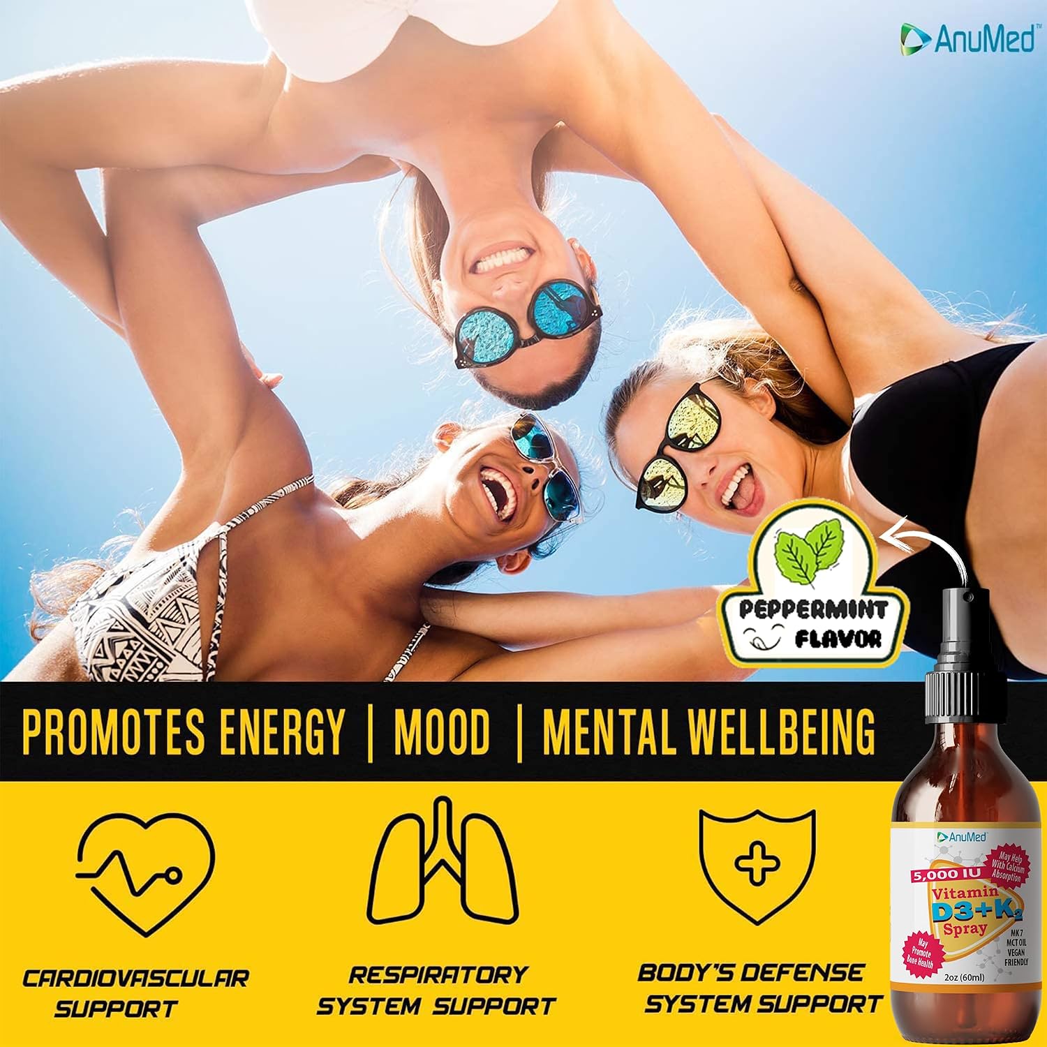Spray Líquido de Vitamina D3 K2 5000 IU con Vitamina A (Retinol) y MCT Orgánico - Sabor Menta - 100% Vegano, Sin OGM, Sin Azúcar (60 ml)