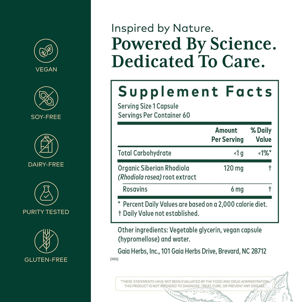 GAIA HERBS PRO Rhodiola - Complemento Adaptógeno con Extracto de Raíz de Rhodiola - 60 Cápsulas (30 Dosis)