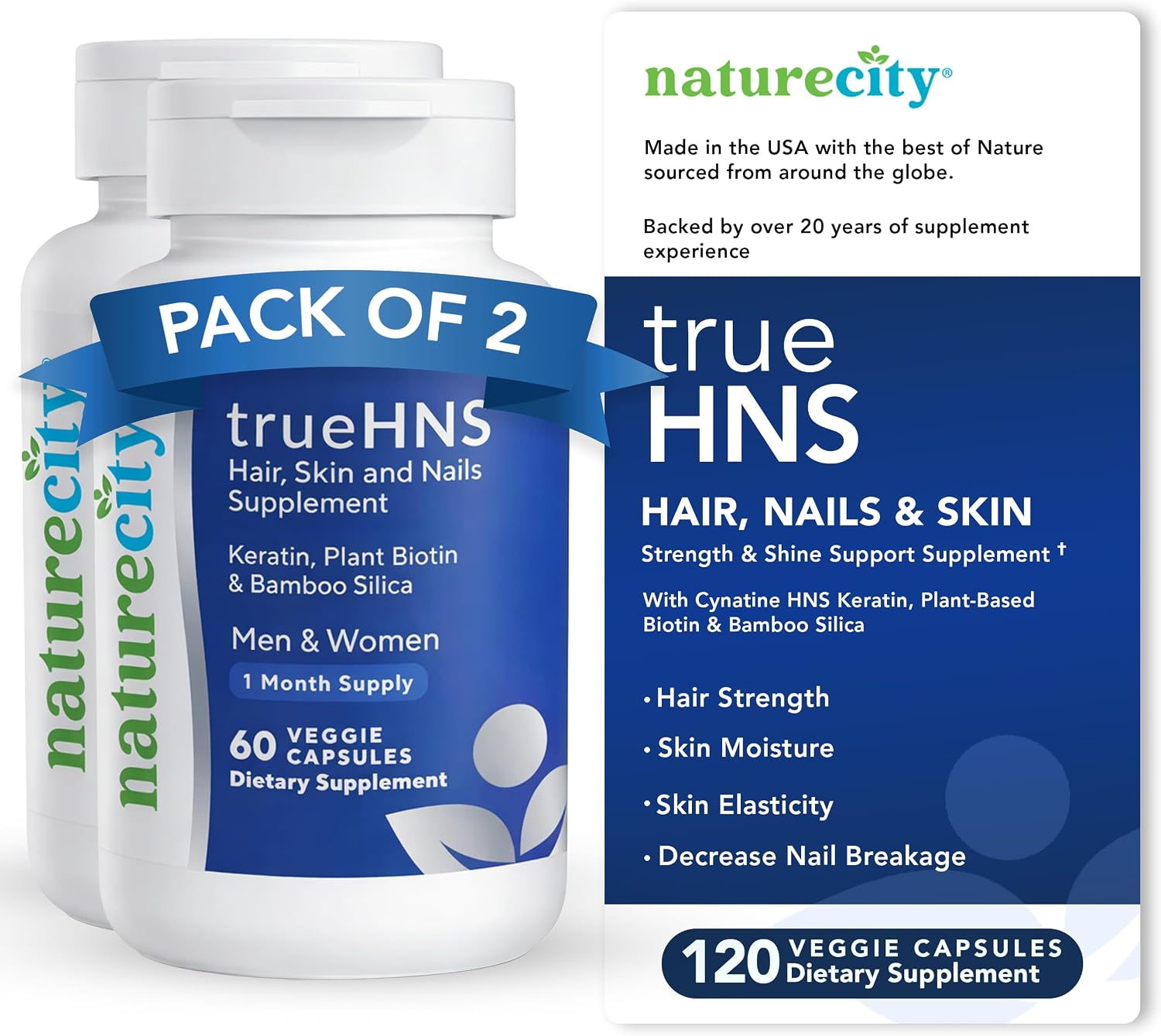 NatureCity True-HNS – Suplemento de Biotina Vegetal y Queratina para Cabello, Piel y Uñas | 60 Cápsulas