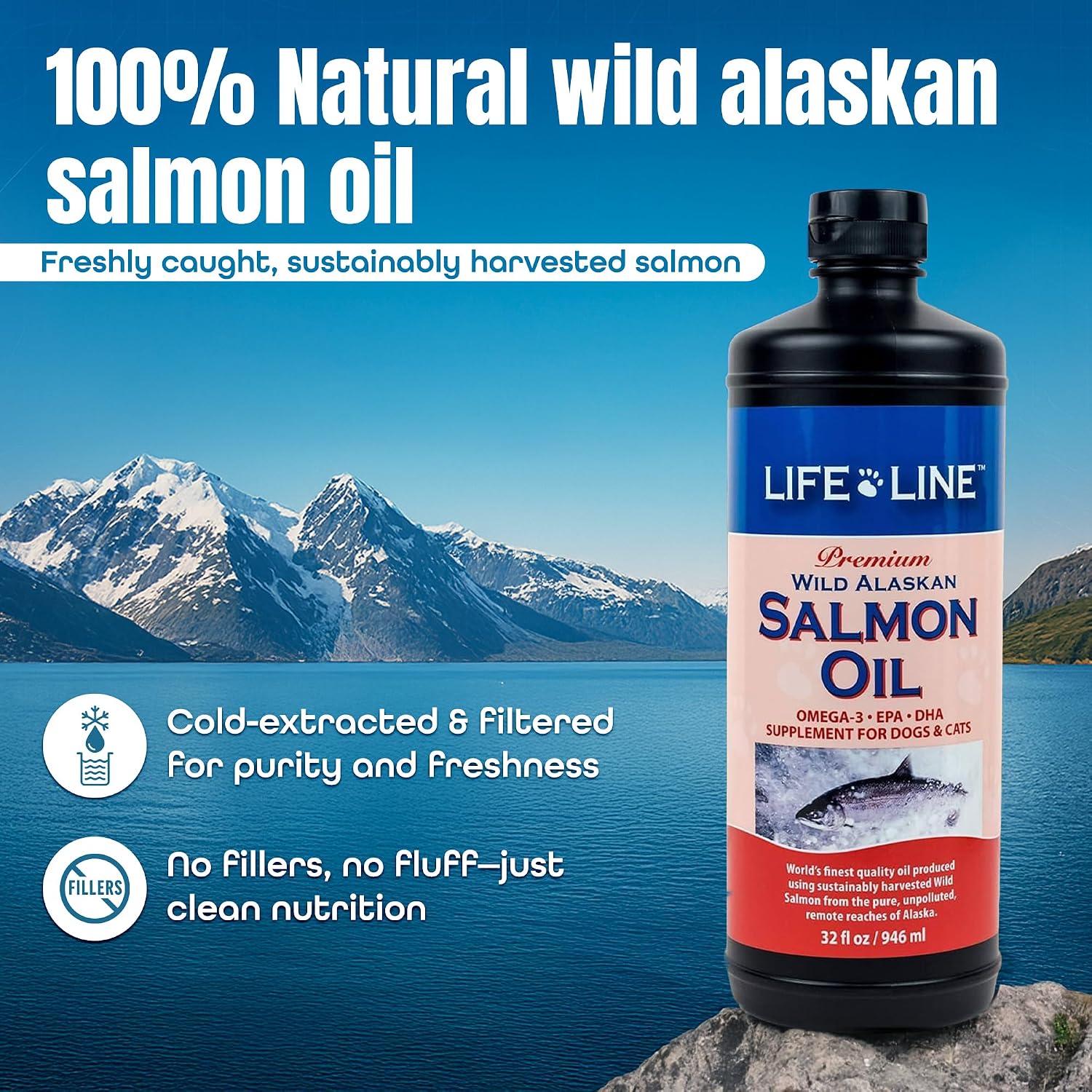 Life Line Aceite de Salmón para Mascotas | Omega-3 EPA DHA para Perros y Gatos | Apoya la Piel, Pelaje, Cerebro y Corazón | Filtrado en Frío – 946 ml