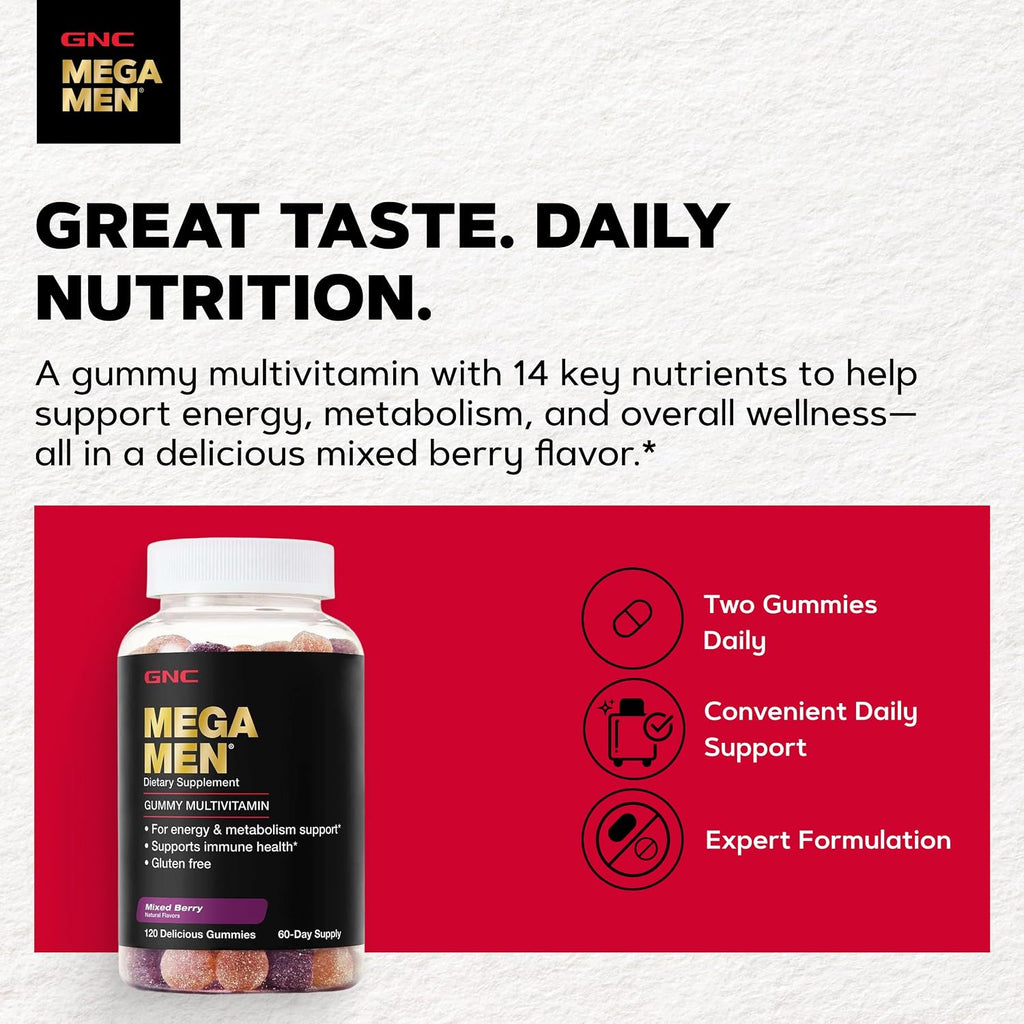 GNC Mega Men Multivitamínico en Gomitas para Hombres - Energía, Metabolismo e Inmunidad, Sabor Frutos Rojos, 120 Gomitas