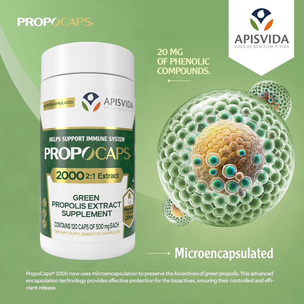 APIS VIDA PropoCaps 2000 - Cápsulas de Extracto de Propóleo Verde Microencapsulado - 20mg de Compuestos Fenólicos por Cápsula - Rico en Flavonoides - Sin Gluten - 120 Cápsulas