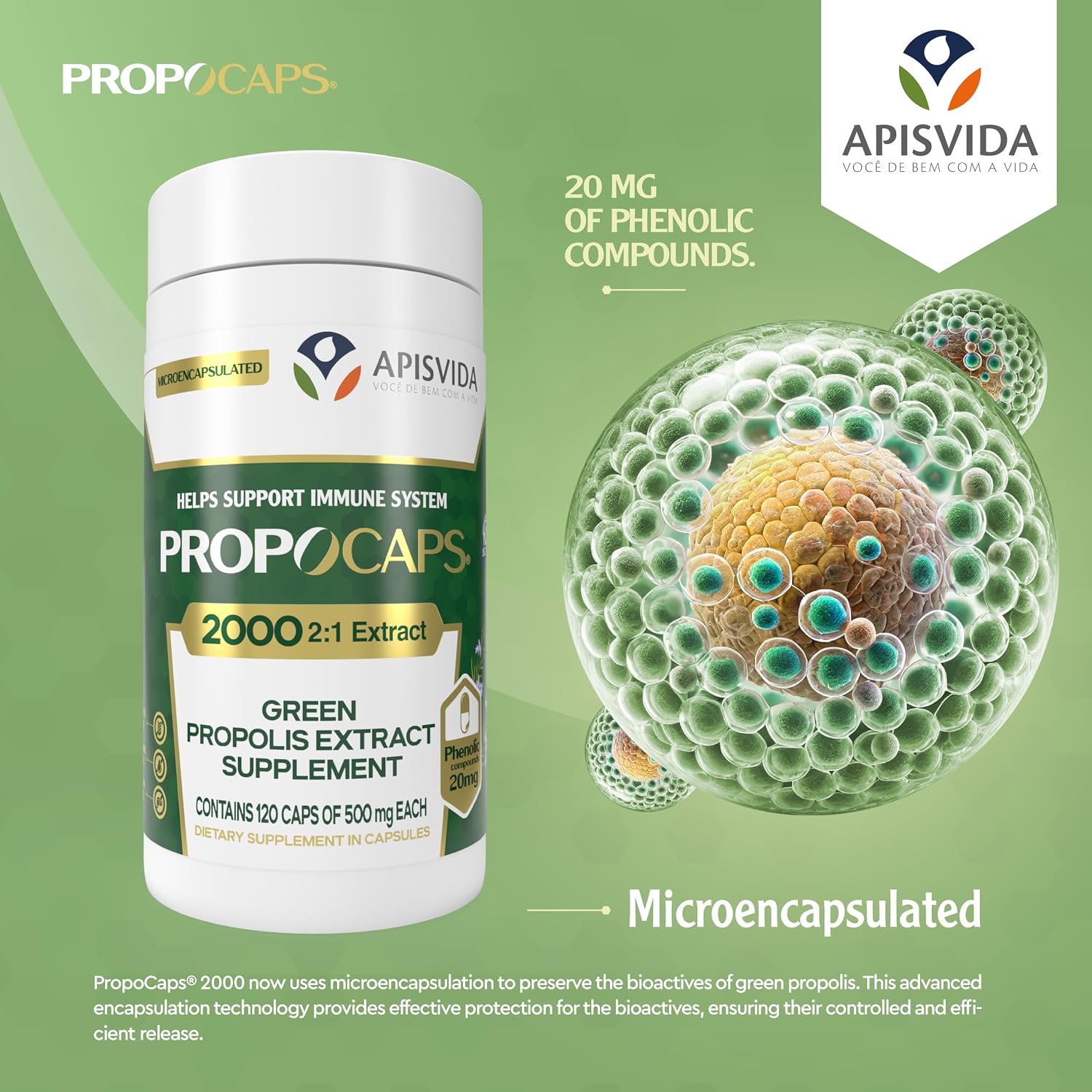 APIS VIDA PropoCaps 2000 - Cápsulas de Extracto de Propóleo Verde Microencapsulado - 20mg de Compuestos Fenólicos por Cápsula - Rico en Flavonoides - Sin Gluten - 120 Cápsulas