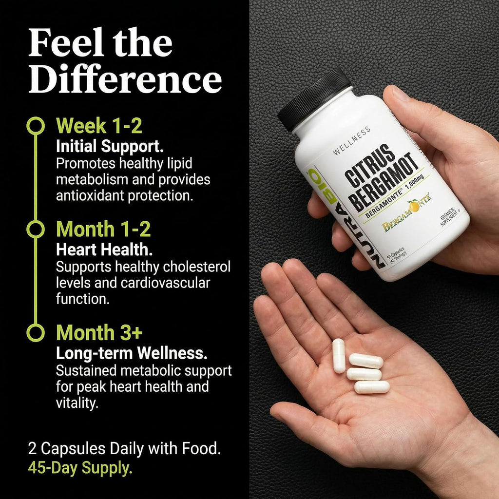 NutraBio Extracto de Bergamota Cítrica Bergamonte® 1000mg, 90 Cápsulas