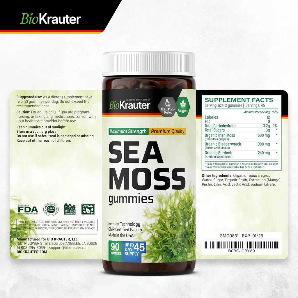 BIO KRAUTER® 3 en 1 Gominolas de Musgo Marino con Fucus y Raíz de Bardana - Veganas, Sabor Mango - 90 Gominolas (45 Días)