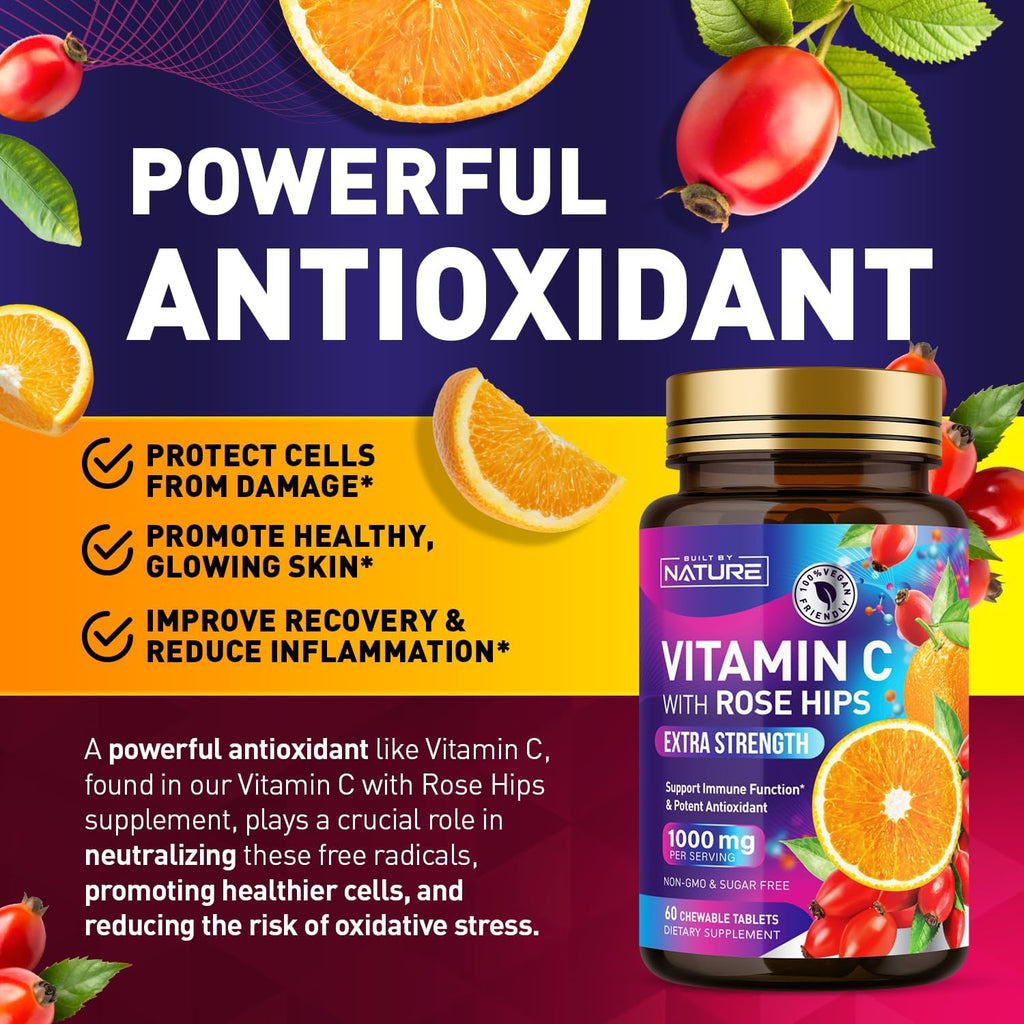 Built by Nature Vitamina C Masticable con Escaramujo - 1000 mg - Sabor Naranja - 60 Comprimidos