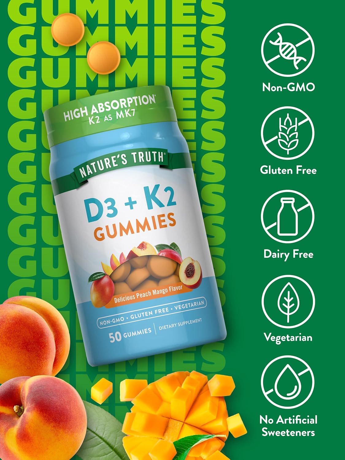 Nature's Truth Gominolas de Vitamina D3 + K2, 50 unidades, sabor Melocotón Mango, Vegetarianas, No GMO y Sin Gluten
