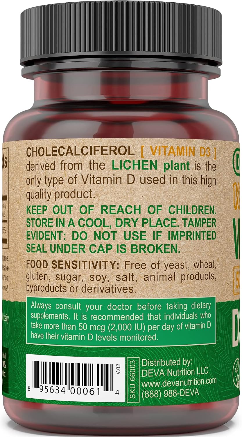 DEVA Vitamina D3 5000 UI - Suplemento Vegano a partir de Liquen, 90 Comprimidos
