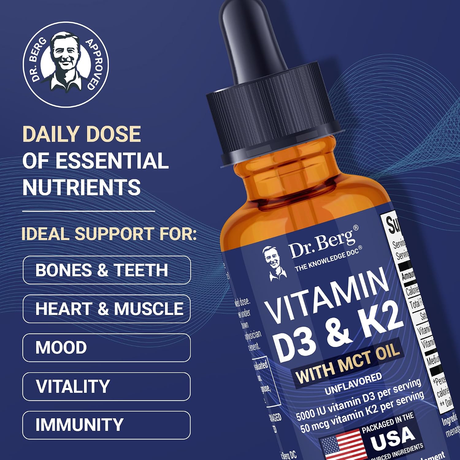 Dr. Berg Maximum Strength Vitamina D3 K2 Líquido con MCT Oil – 5000 UI de Vitamina D3 con K2 – Sin Sabor 30 ml