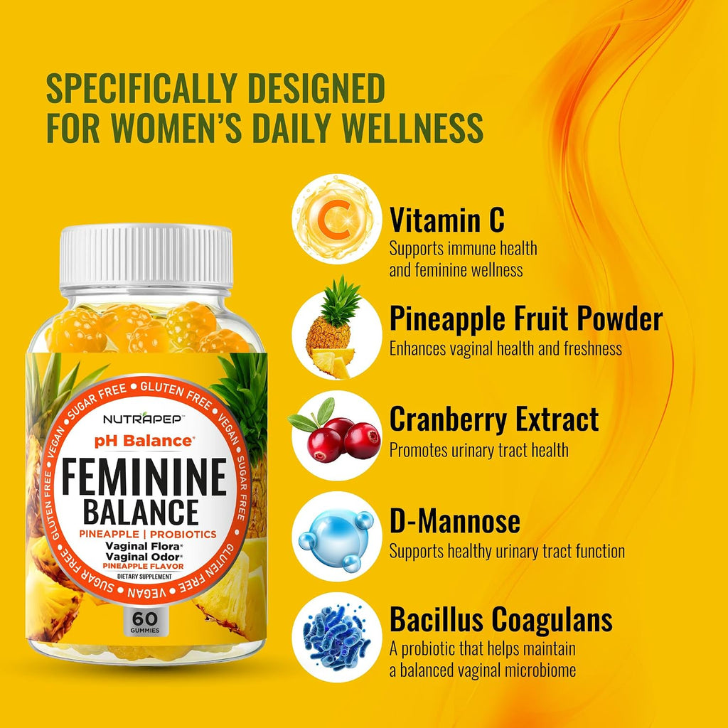 NutraPep Feminine Balance Probiotics Gummies para Mujeres - Salud Vaginal y Equilibrio del pH - Suplemento Natural con Arándano y Piña - Sin Azúcar, Sin Gluten, Vegano