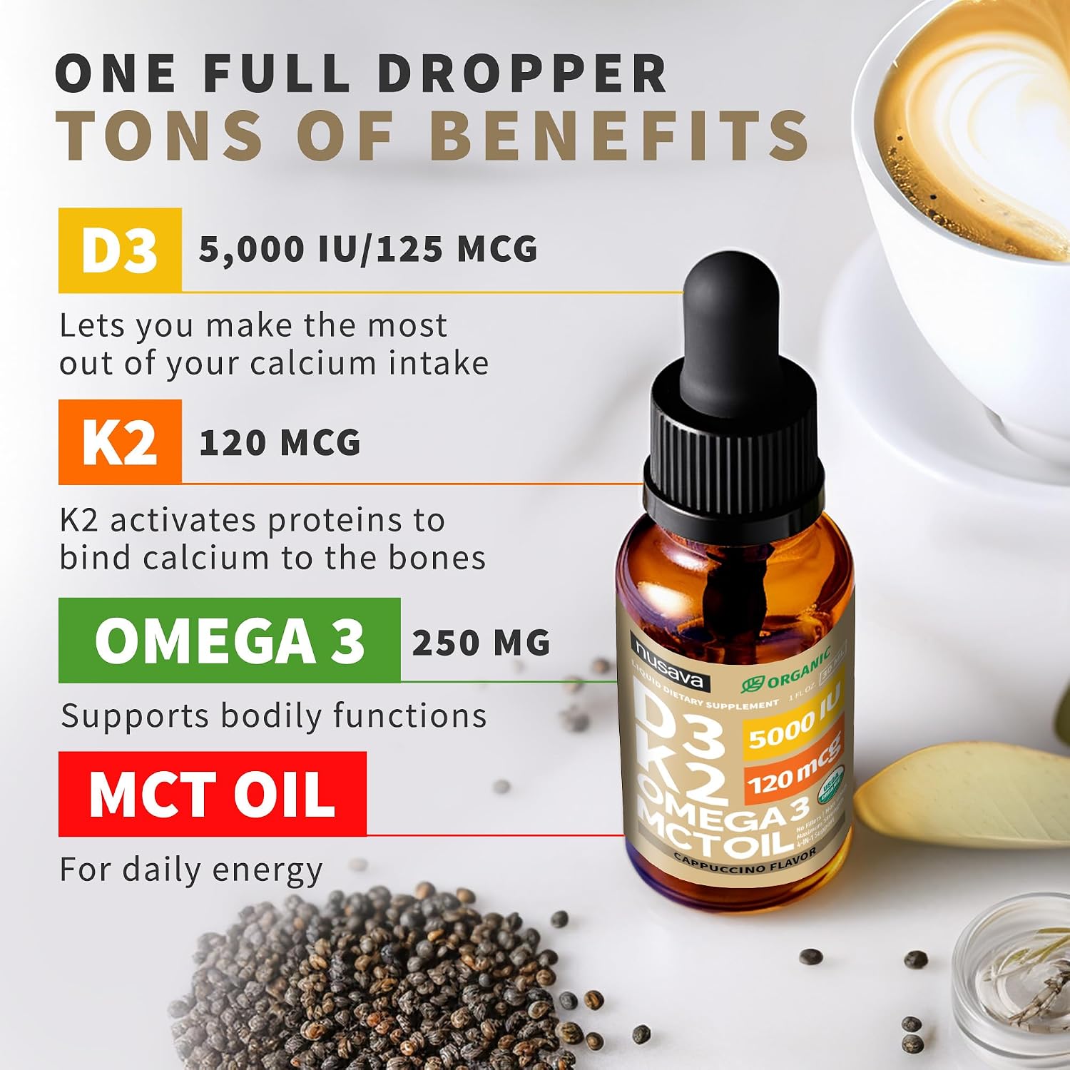 Organic Vitamin D3 K2 Drops with MCT Oil & Omega 3 - 2 Pack (Cappuccino)