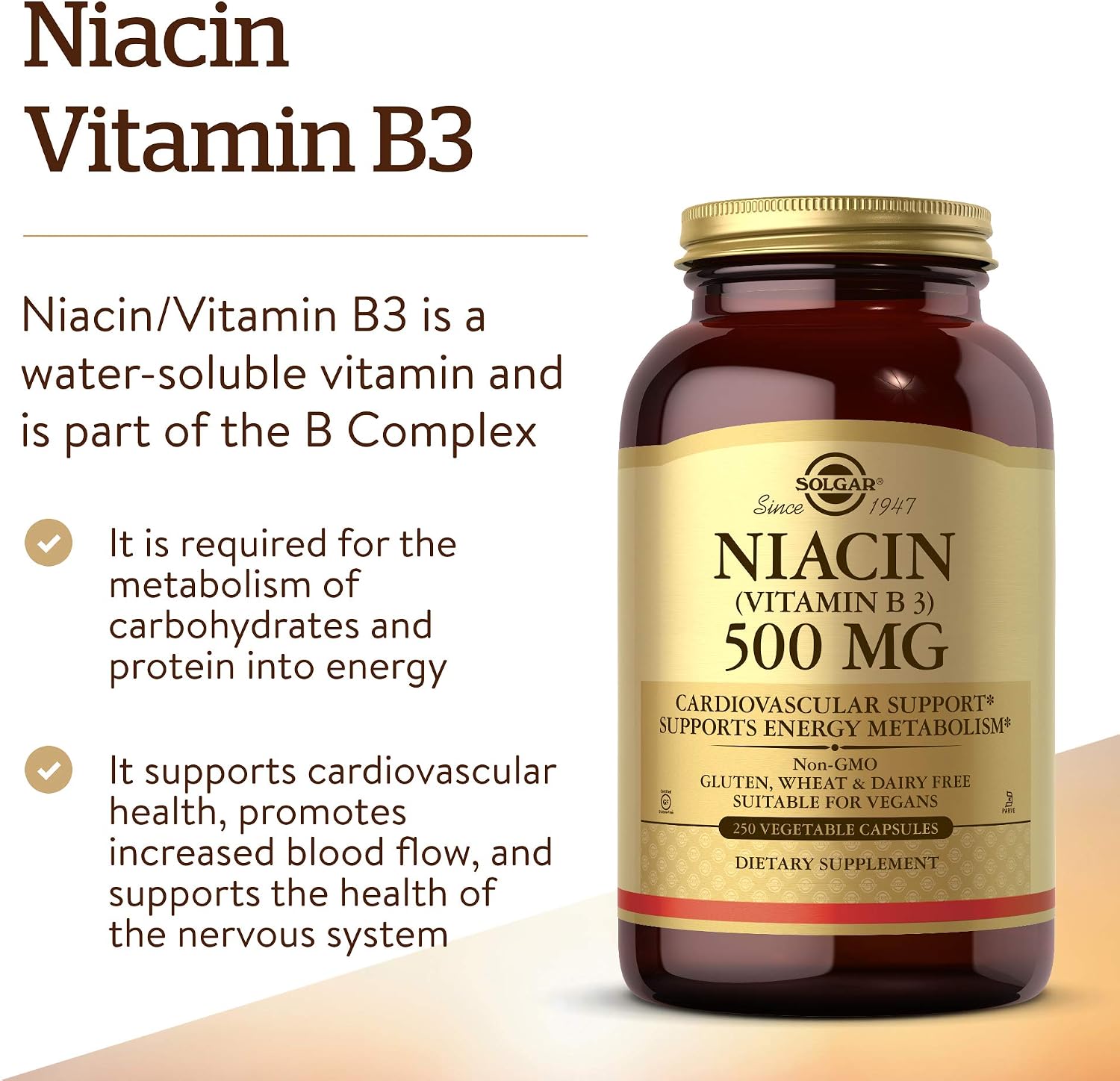 Solgar Niacin (Vitamin B3) 500 mg, 250 Vegetable Capsules