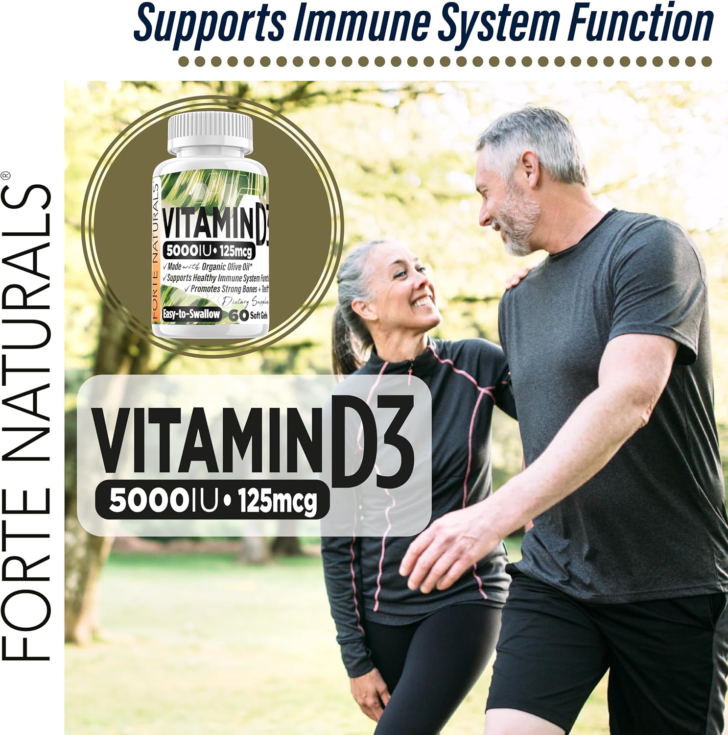 FORTE NATURALS Vitamina D3 5000 IU (125 mcg) - Cápsulas Blandas para Estómagos Sensibles