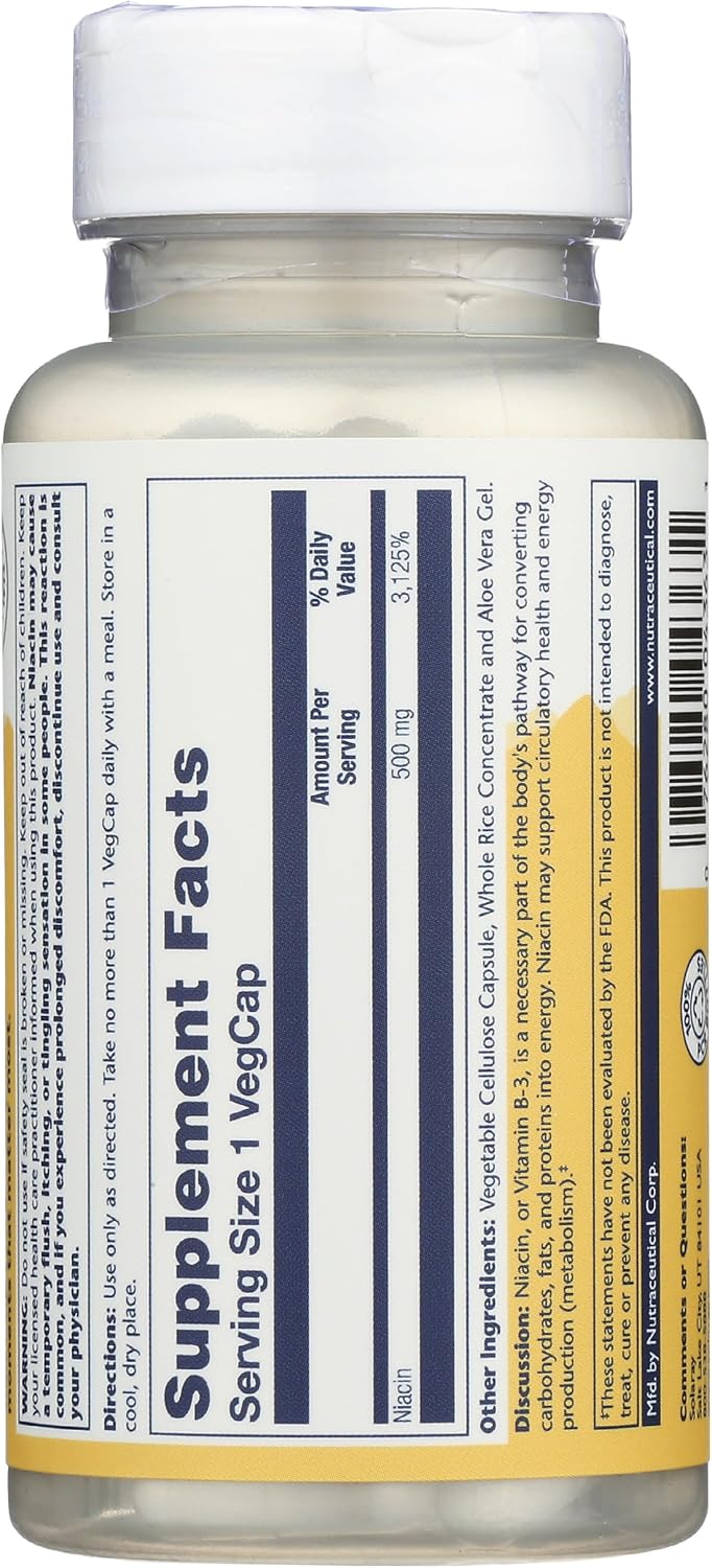 SOLARAY Niacin 500 mg - Vitamin B3 for Skin, Nervous System, and Circulation Health - 100 Capsules
