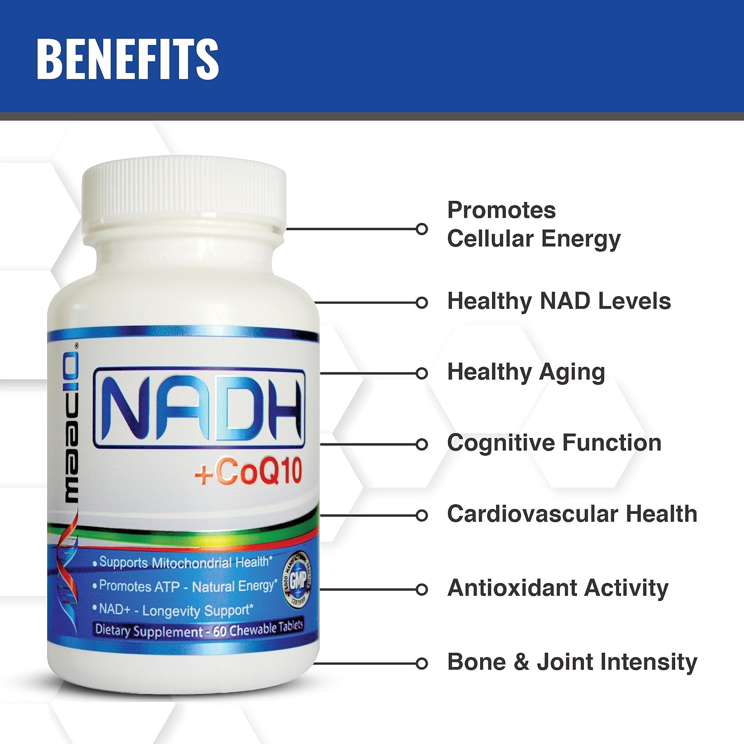 MAAC10 NADH + CoQ10 Comprimidos Masticables (Paquete de 3 - 180 Comprimidos) | 50mg PANMOL® NADH + 100mg CoQ10